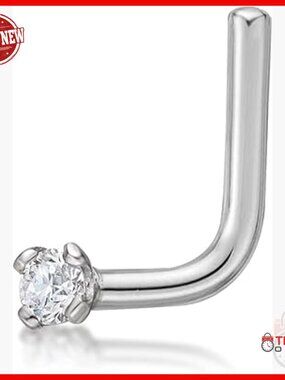 14k Gold Diamond L-Shape Nose Stud 22 Gauge Hypoallergenic Piercing Jewelry